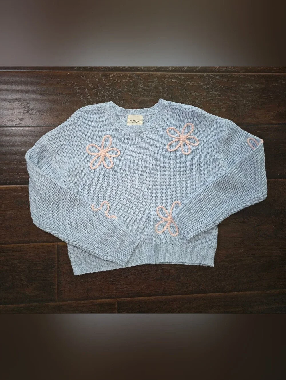 No Comment Girls Blue with Pink Flowers Knit Pullover Sweater XL